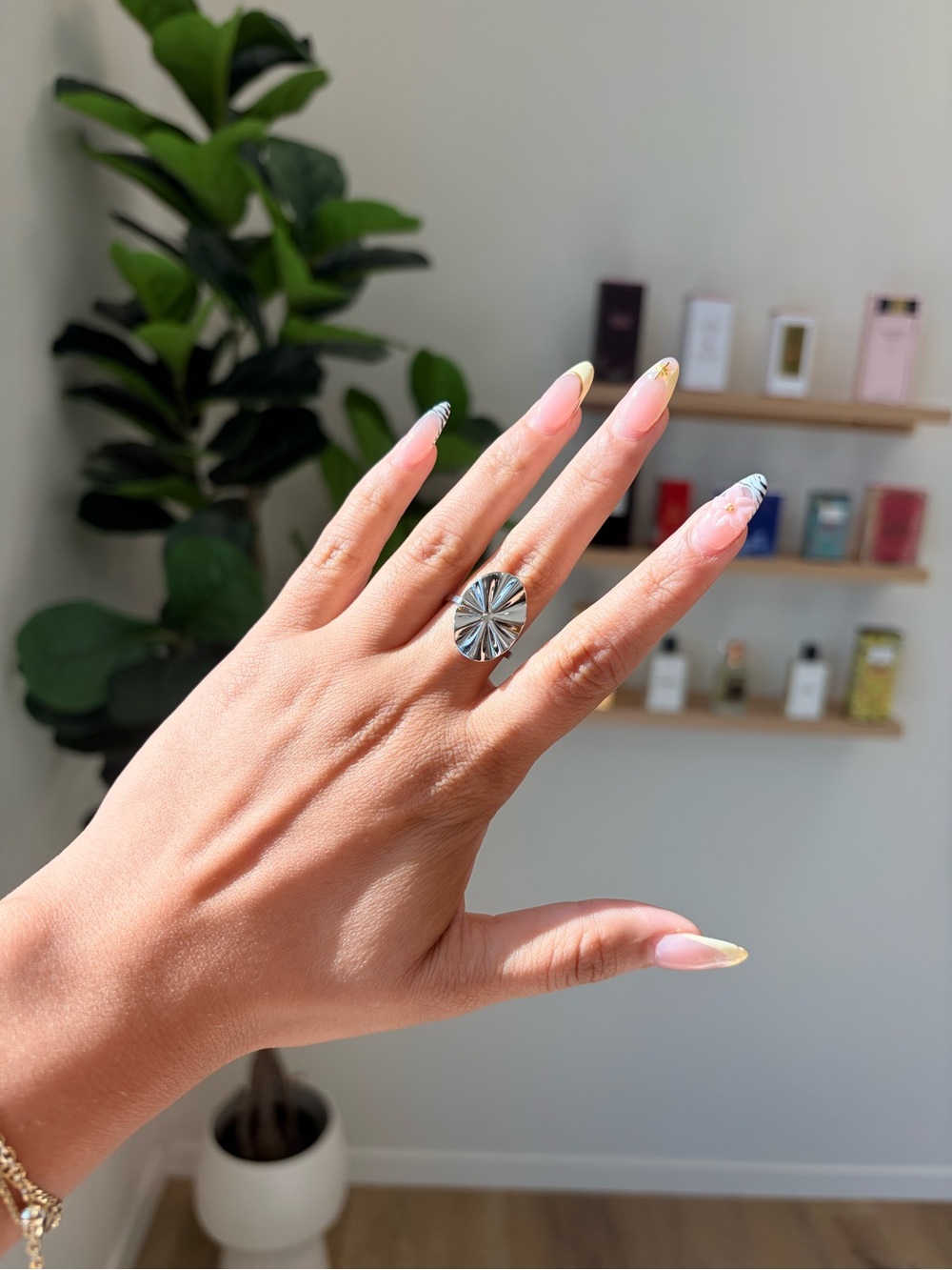 Polished Silver Floral Burst Statement Ring